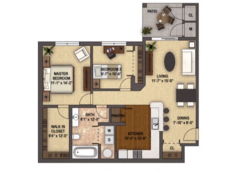 Floor plan for 2 beds, 1 bath, 978 sqft